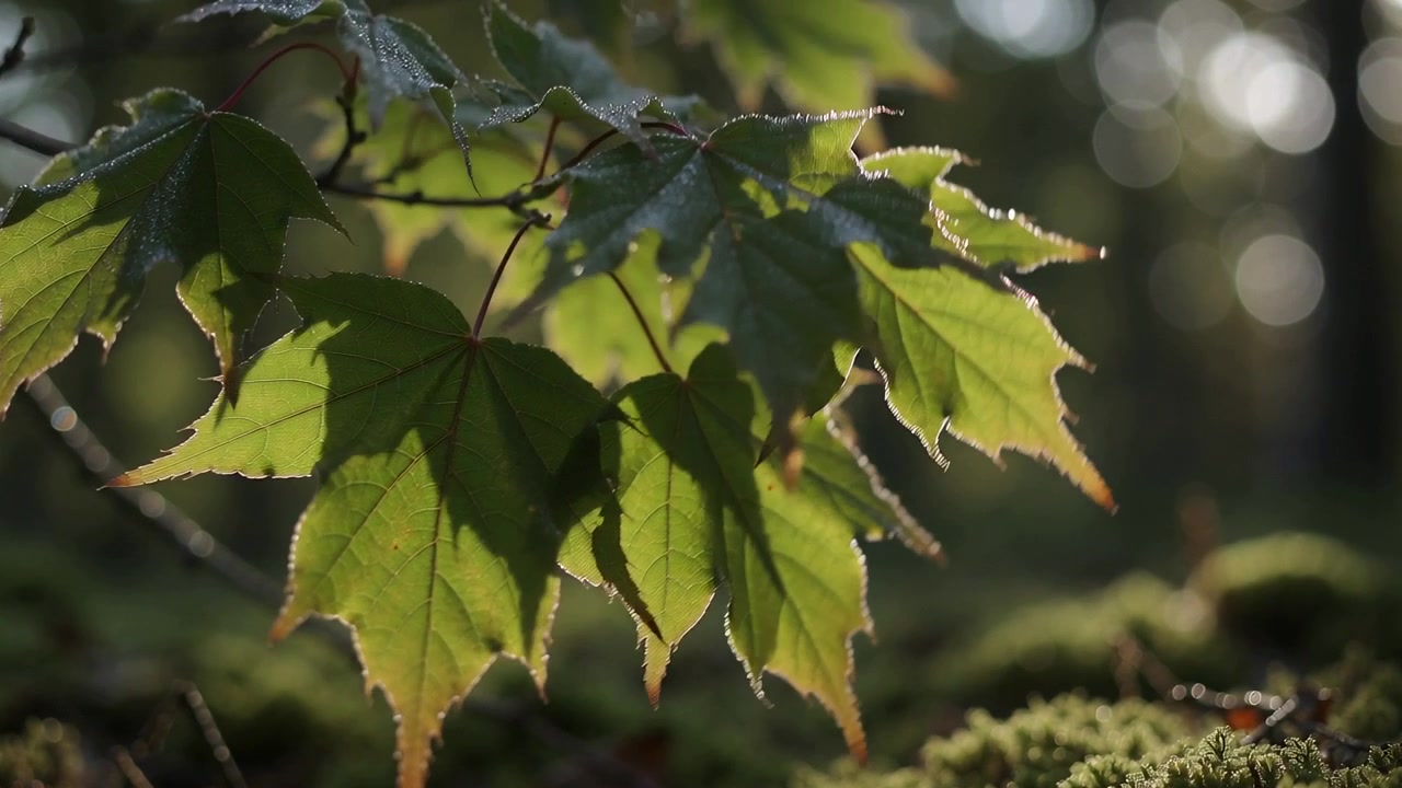 Backlighting leaf cluster revealing venation at mossy forest floor, catching dew and shimmering