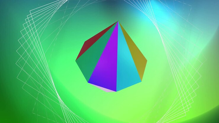 Animation of network structure over metallic 3d diamond rotating on soft green background
