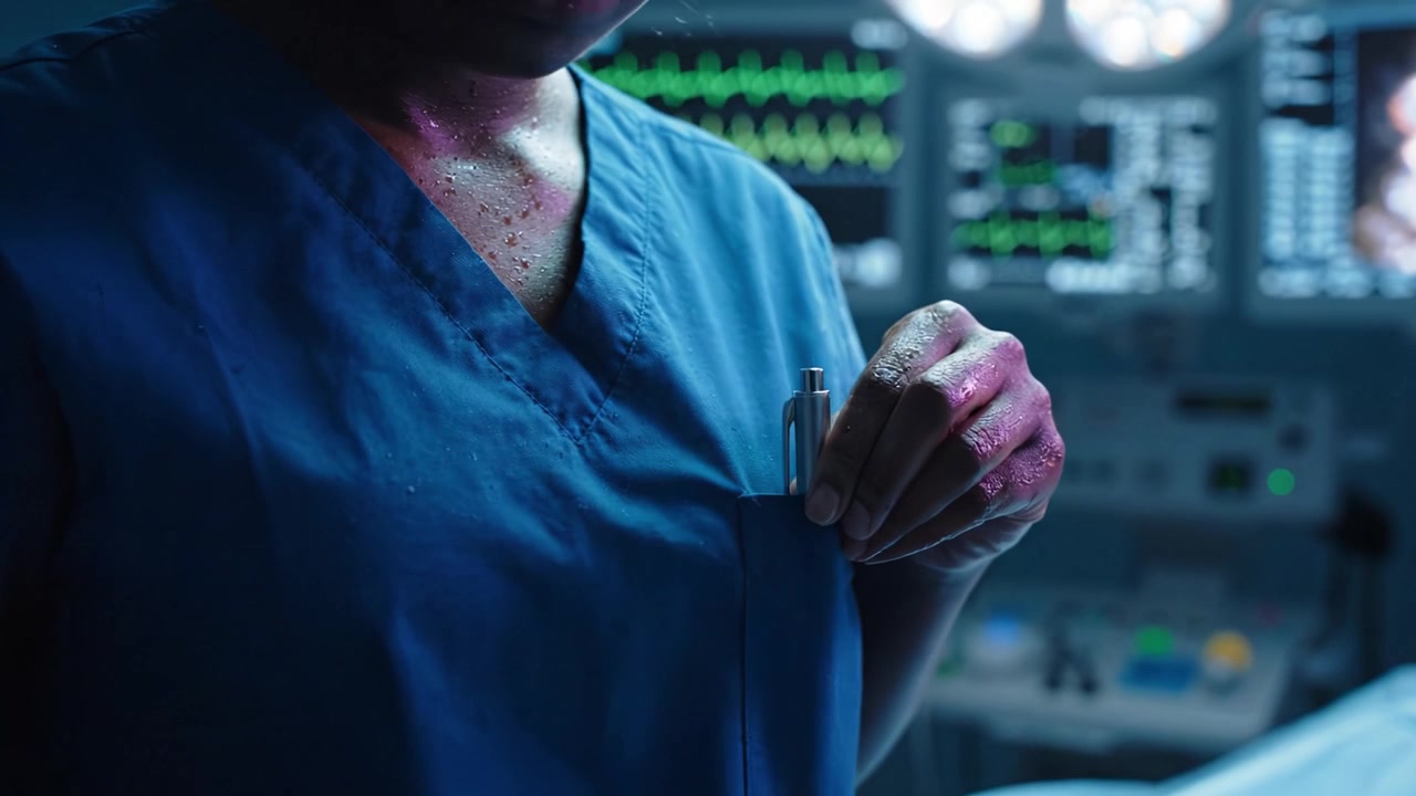 Un professionista medico in camice chirurgico si prepara per una procedura critica in una sala operatoria ad alta tecnologia con apparecchiature di monitoraggio avanzate e strumenti a portata di mano.