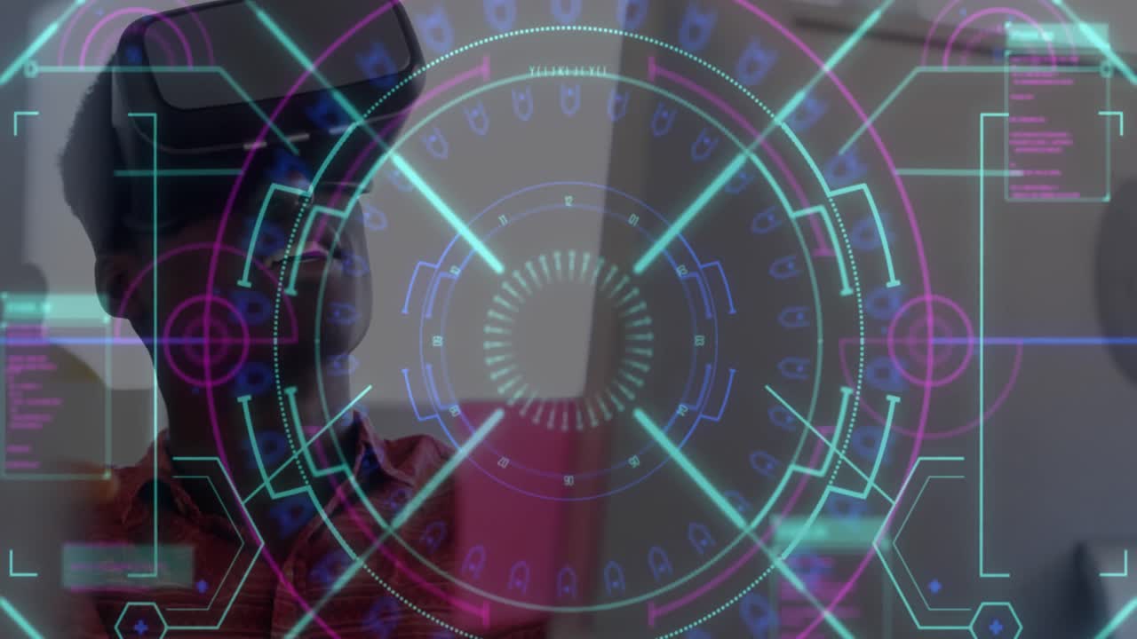 escáner de alcance de neón contra hombre afroamericano que usa auriculares vr en la oficina