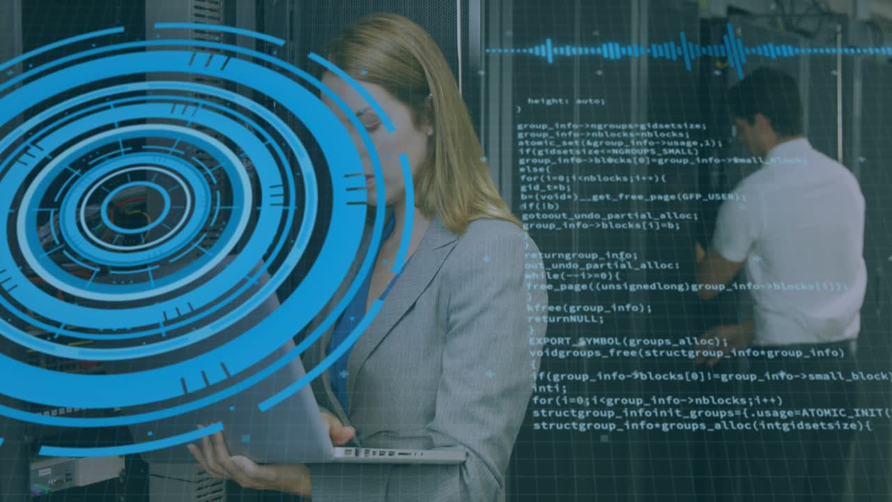 Animation of scope scanning and data processing over caucasian it technicians by computer server