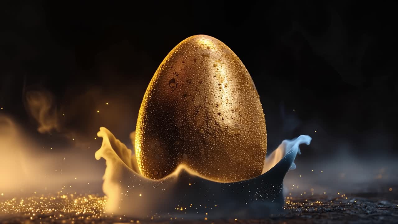 Golden egg hovers above sparkling dust. Steam curls around its radiant surface. Light catches every shimmering texture. It evokes mystery, power, and luxury. Perfect for abstract, celebration
