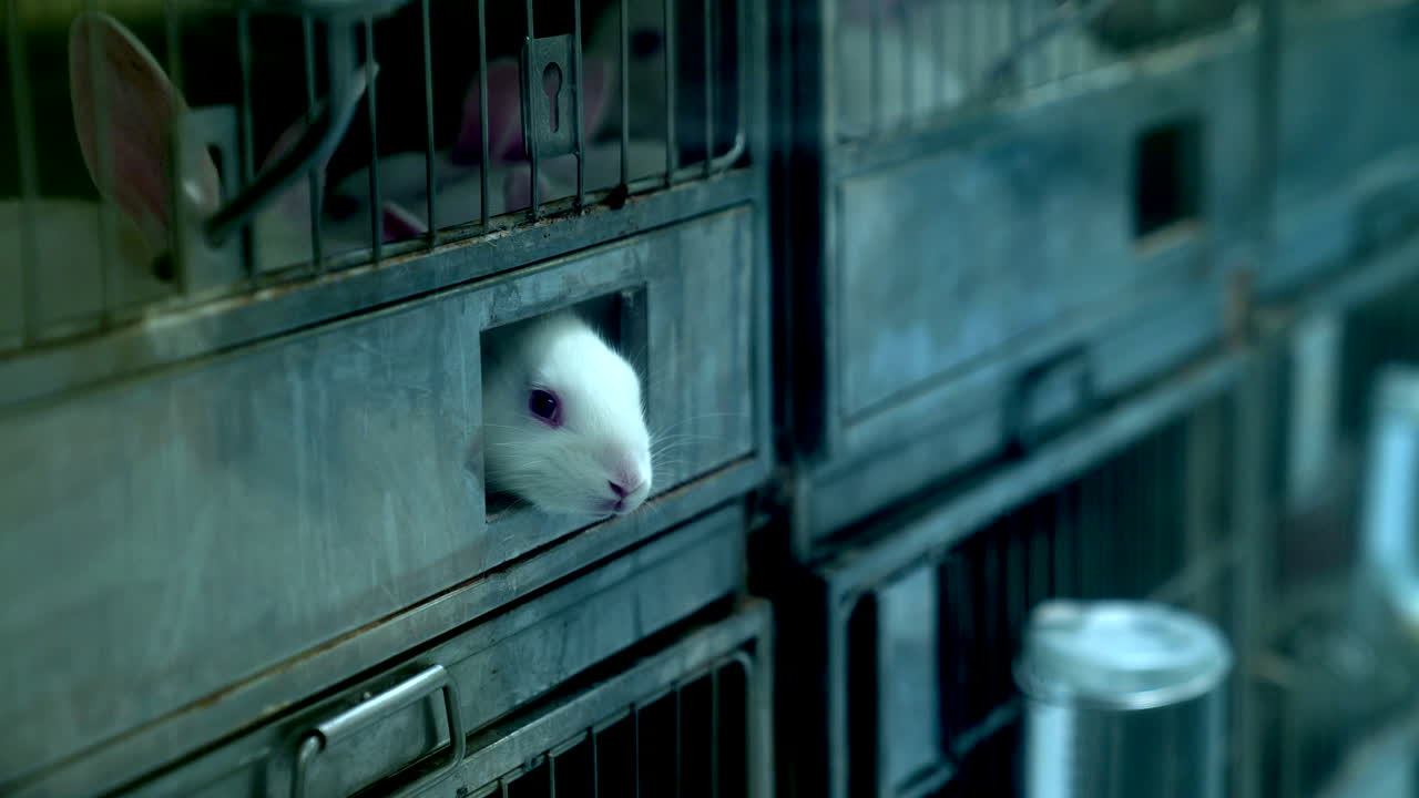 observar un conejo de laboratorio explorando su entorno controlado, adecuado para aplicaciones científicas, educativas o médicas