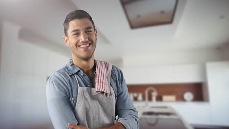 animación de un hombre de raza mixta usando un delantal en una cocina