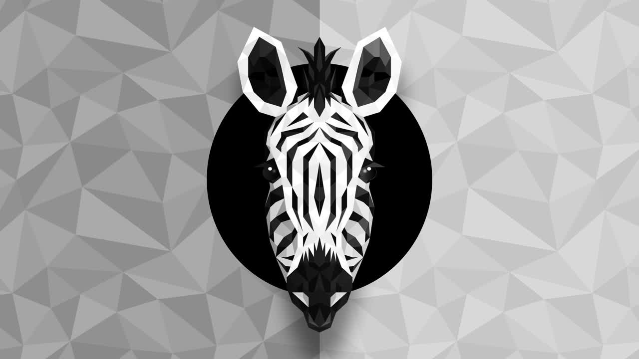 Polygonal Zebra background. Animal head. Low polygon loop animation. Geometric wildlife. Polygonal animal portrait.