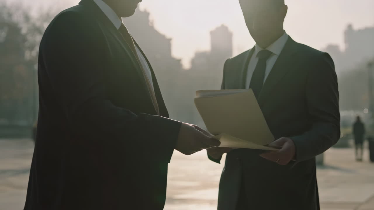 Businessmen Exchanging Documents Outdoors in City Sunlight