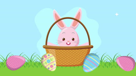 happy easter animated card with eggs painted and rabbit in basket
