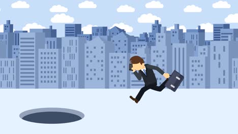 business man jump over the hole. background of buildings. risk concept. loop illustration in flat style.