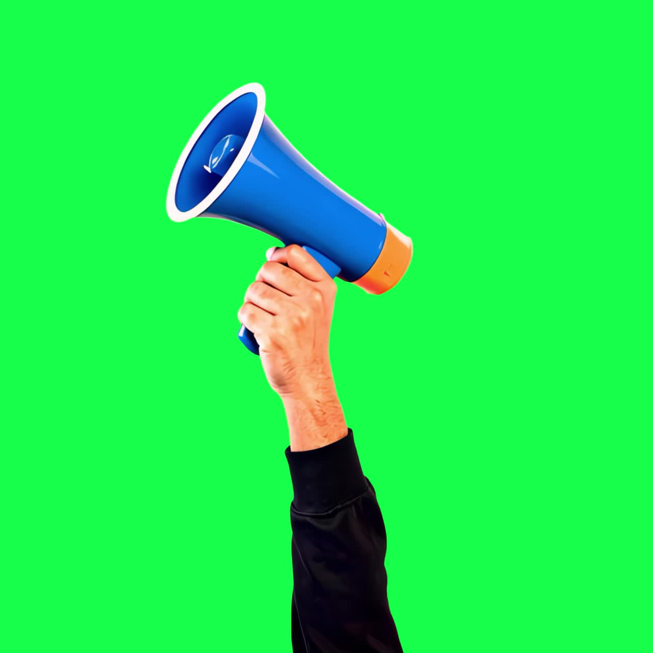 Animazione di una mano che tiene un megafono blu, video 4K trasparente, green screen