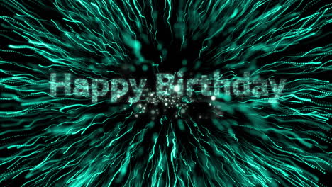 animation of happy birthday green text with exploding fireworks over black background