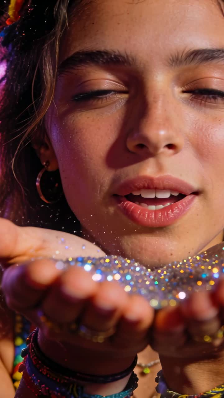 Young Woman Blowing Sparkling Glitter from Her Hands