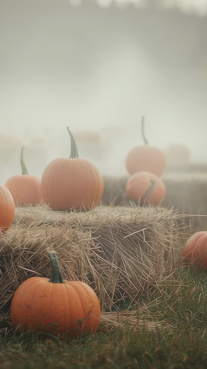 Vertical video: Tilting camera revealing orange pumpkins on hay bales in misty field, mist swirling