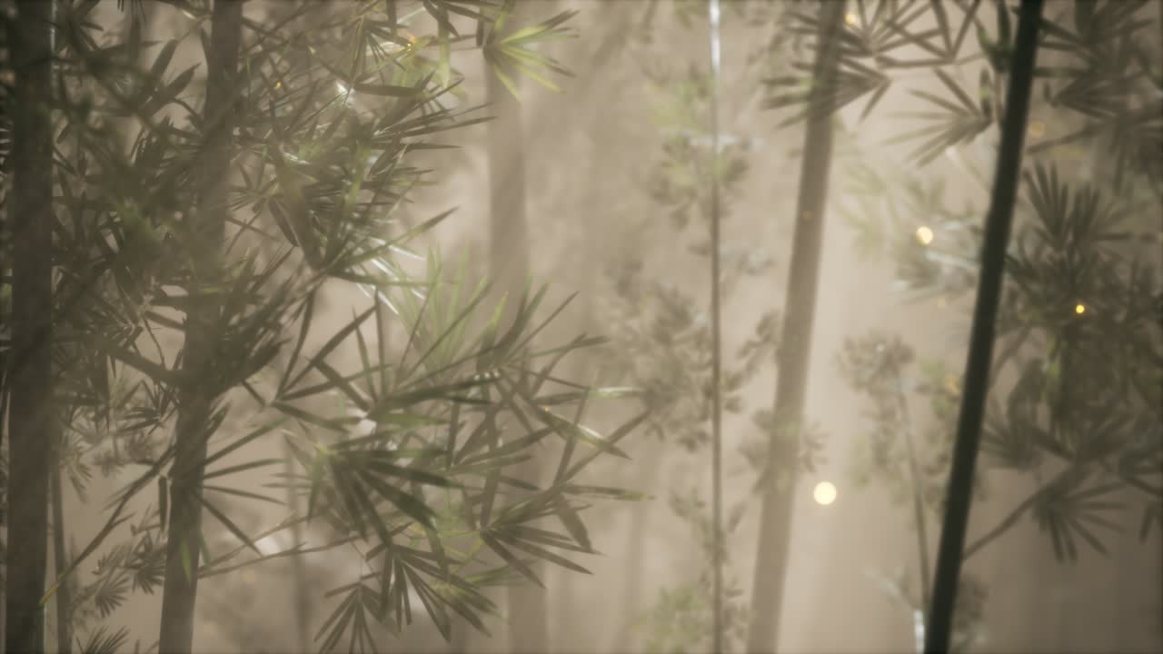bosque de bambú asiático con tiempo de niebla matutina