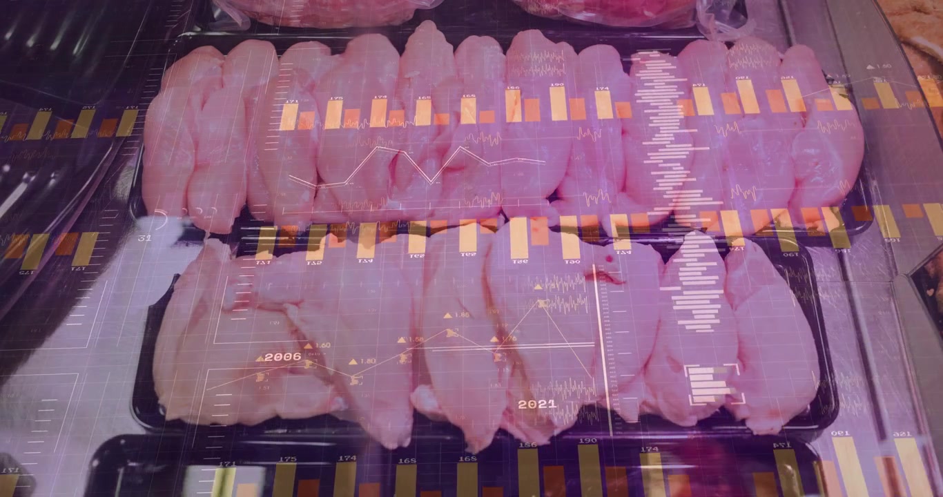 First frame orange bar appearing, overlays rising and scrolling over chicken trays showing sales