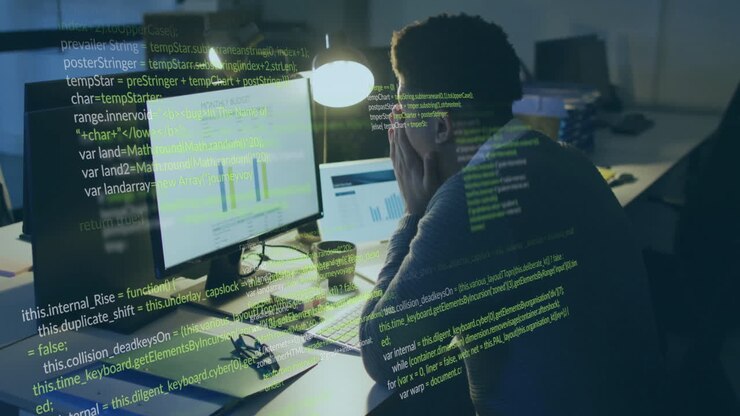 Animation af computersprog over træt mand med blandet etnisk baggrund, der udarbejder rapporter på computer på kontor