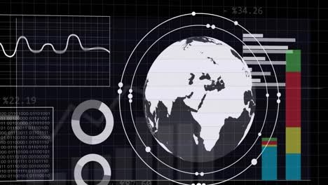 Animation-of-graphs,-binary-codes-and-globe-in-circles-over-black-background