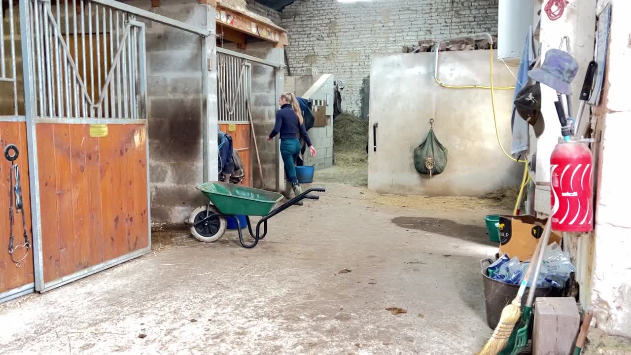 niña empujando una carretilla en los establos