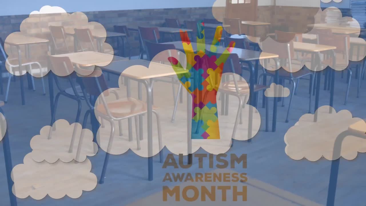 디지털 구름과 빈 교실 위에서 퍼즐로 형성된 손의 애니메이션