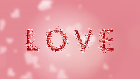 lettering love. animation of particles and hearts around the inscription on pink background. circling blurry hearts.