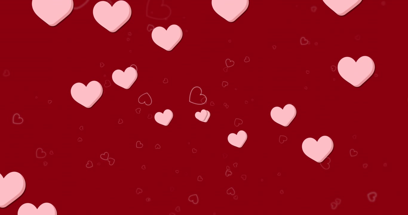 Animazione di più icone a forma di cuore rosa che fluttuano su uno spazio per il testo su sfondo rosso.
