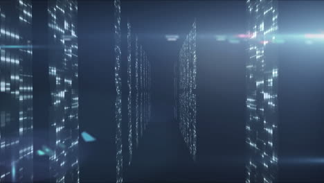 digital animation of data flow in a server room, illustrating global internet connectivity.