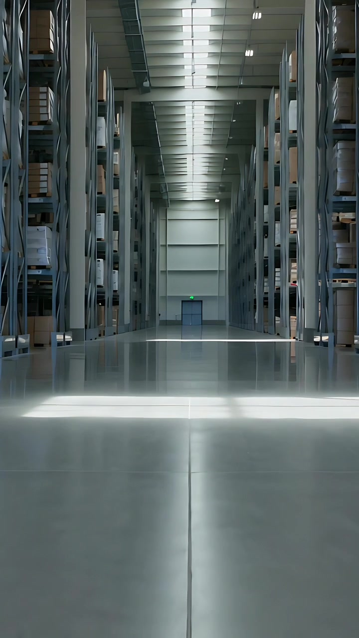 Vertical video: Pushing forward camera revealing empty depot aisle, framing exit door with racks