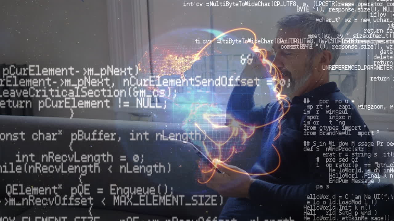 Animation of globe and data processing over smiling senior businessman using smartphone and tablet
