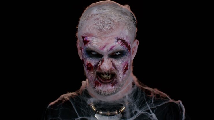 Uomo zombie truccato con finte ferite, cicatrici e lenti a contatto bianche che guarda la telecamera, urlando.