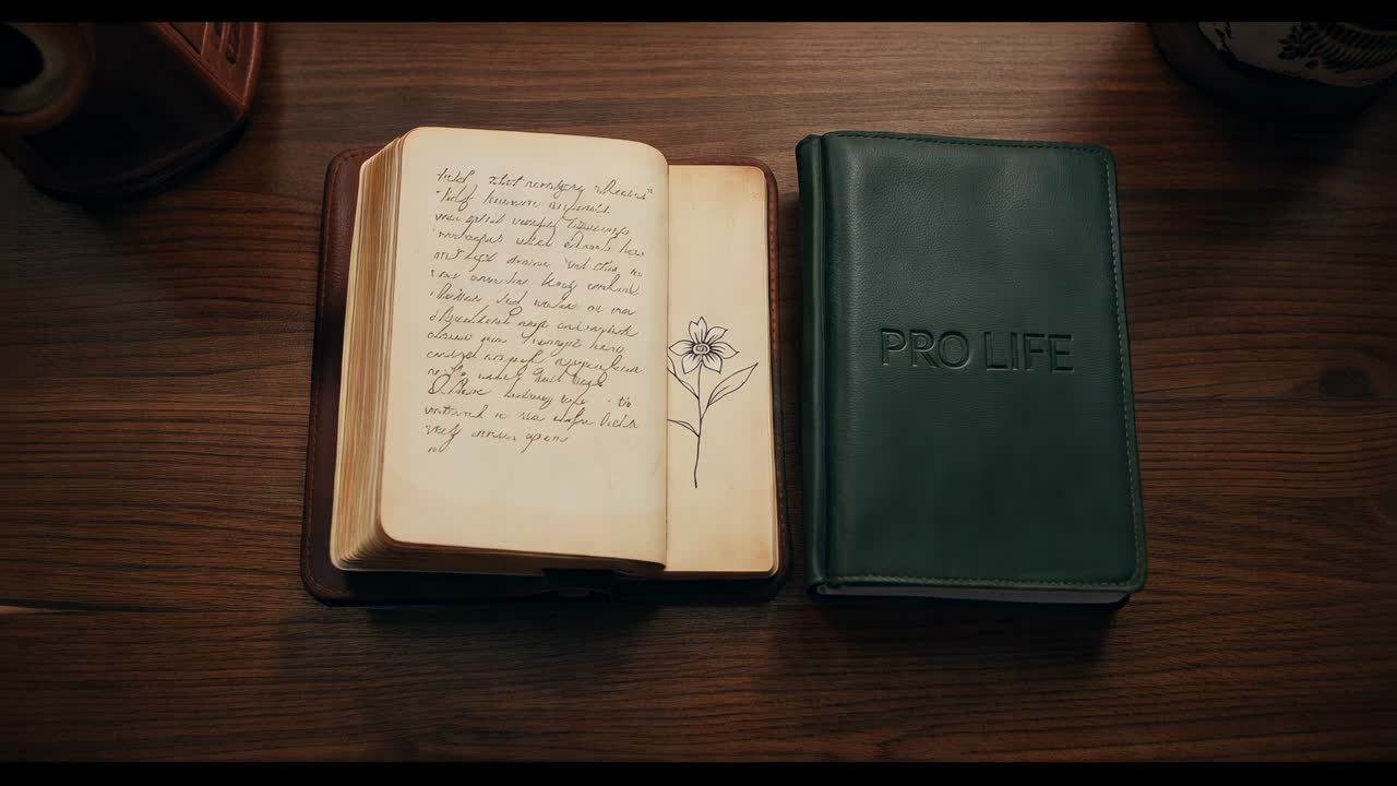 Recording overhead camera showing open journal, folio and green PRO LIFE book on desk for archive