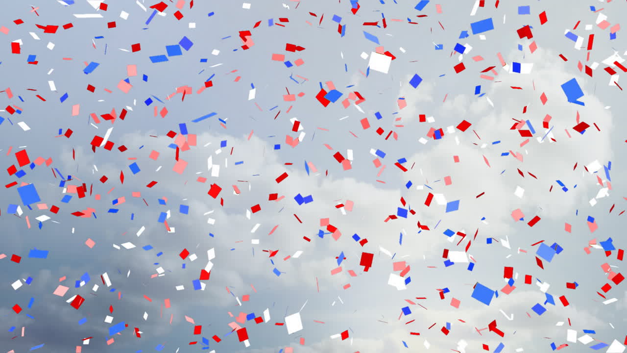 빨간색, 색, 파란색 콘페티가 구름이 가득한 하늘 배경에 떨어지는 애니메이션