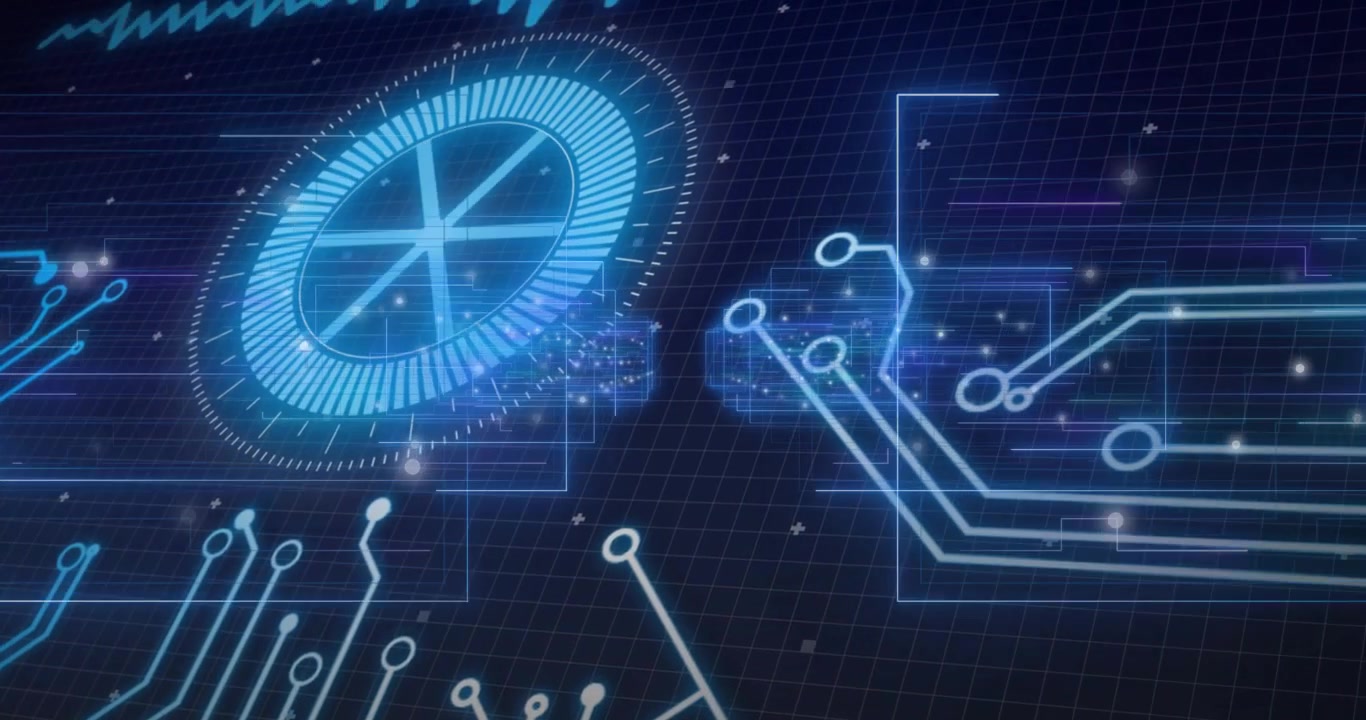 Blue HUD rotating on grid, connector spark activating circuitry, showing tech data for creators