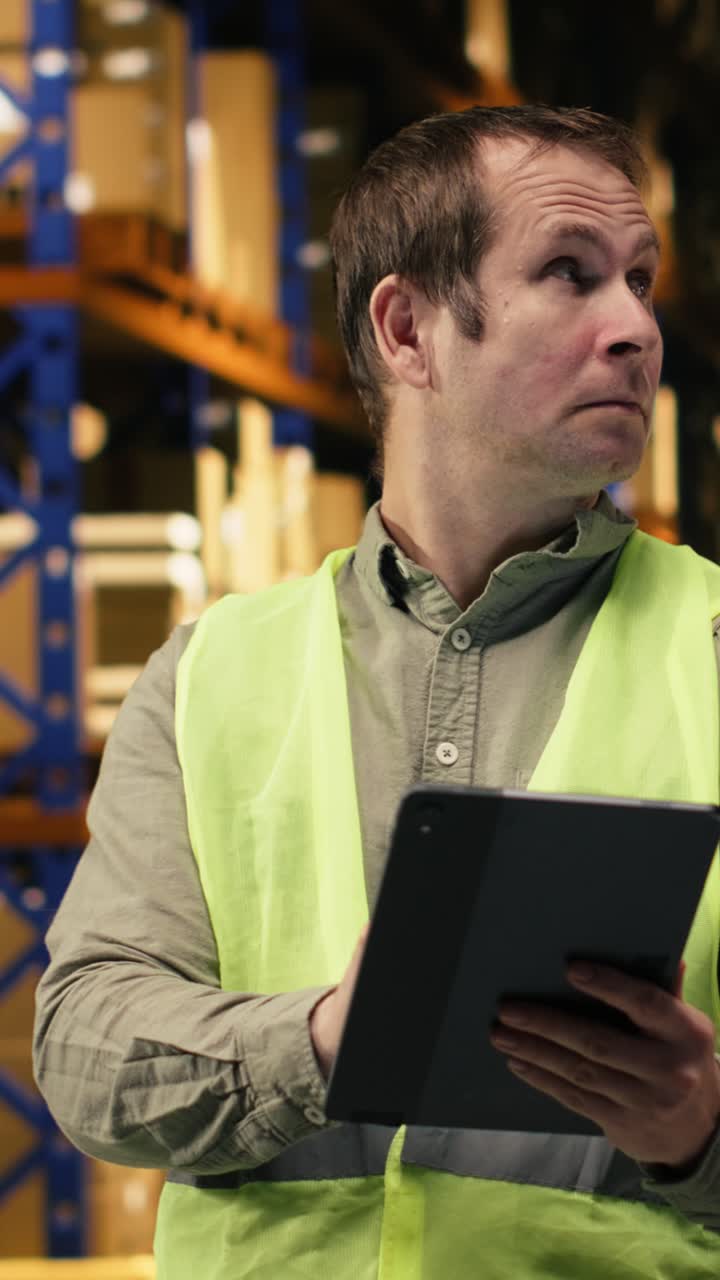 Video verticale: Deposito industriale con lavoratore che coordina il carico e la spedizione, con giubbotto di sicurezza.