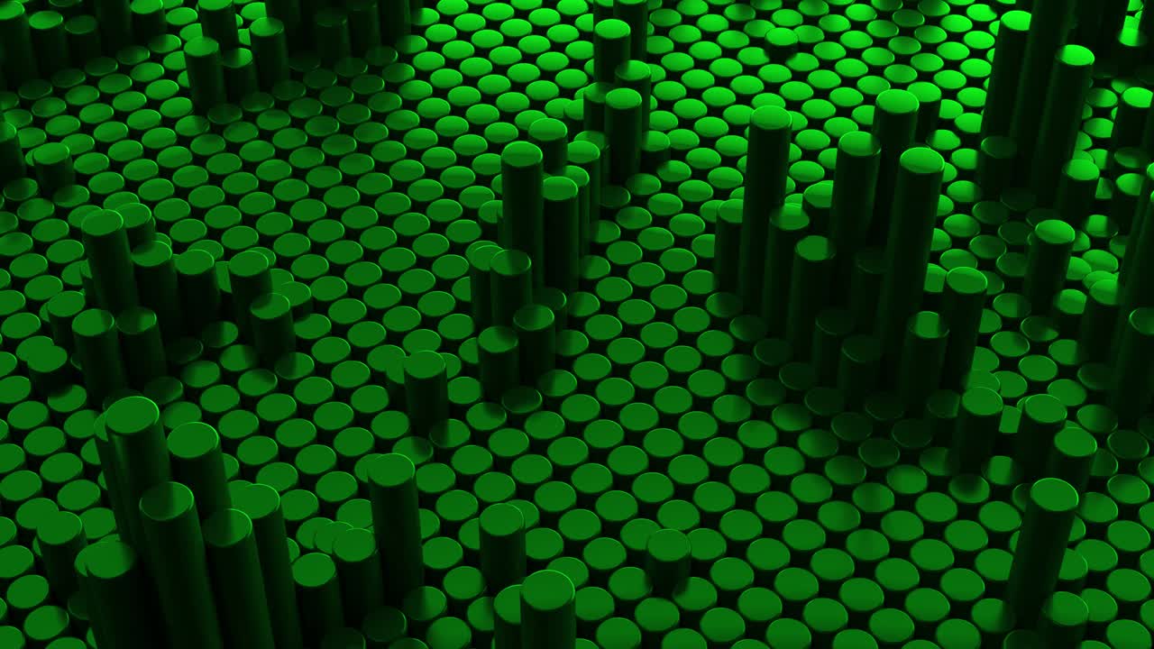 fondo cromado metálico verde abstracto con cilindros. azulejos cerámicos redondos. patrón de geometría. células aleatorias. superficie poligonal brillante. abstracción futurista. bucle sin costuras animación 3d de 4k