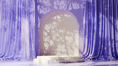 Empty-white-podium-with-arch-on-purple-floor-and-draped-curtains,-with-tree-shadows