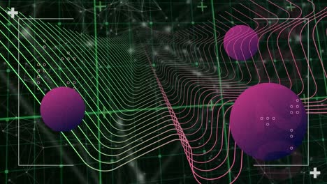 Animation-of-markers,-connections-and-data-processing-over-globes