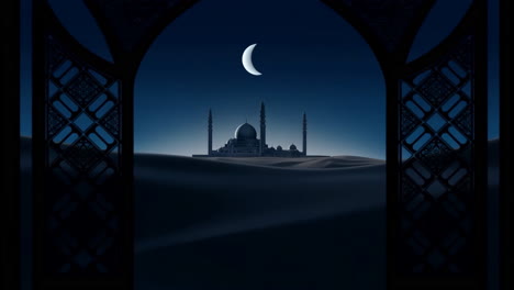 mystical mosque in desert at night with crescent moon