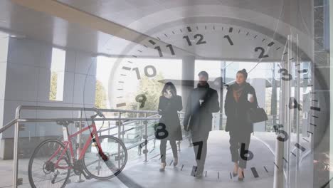 animation of ticking clock against diverse group of people drinking coffee and walking together