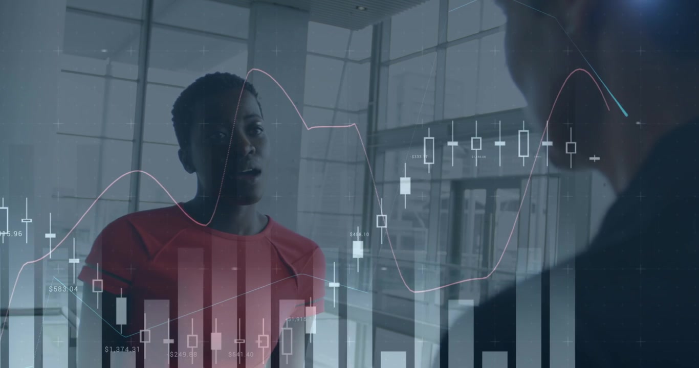 Animation of financial graphs over diverse women talking in office