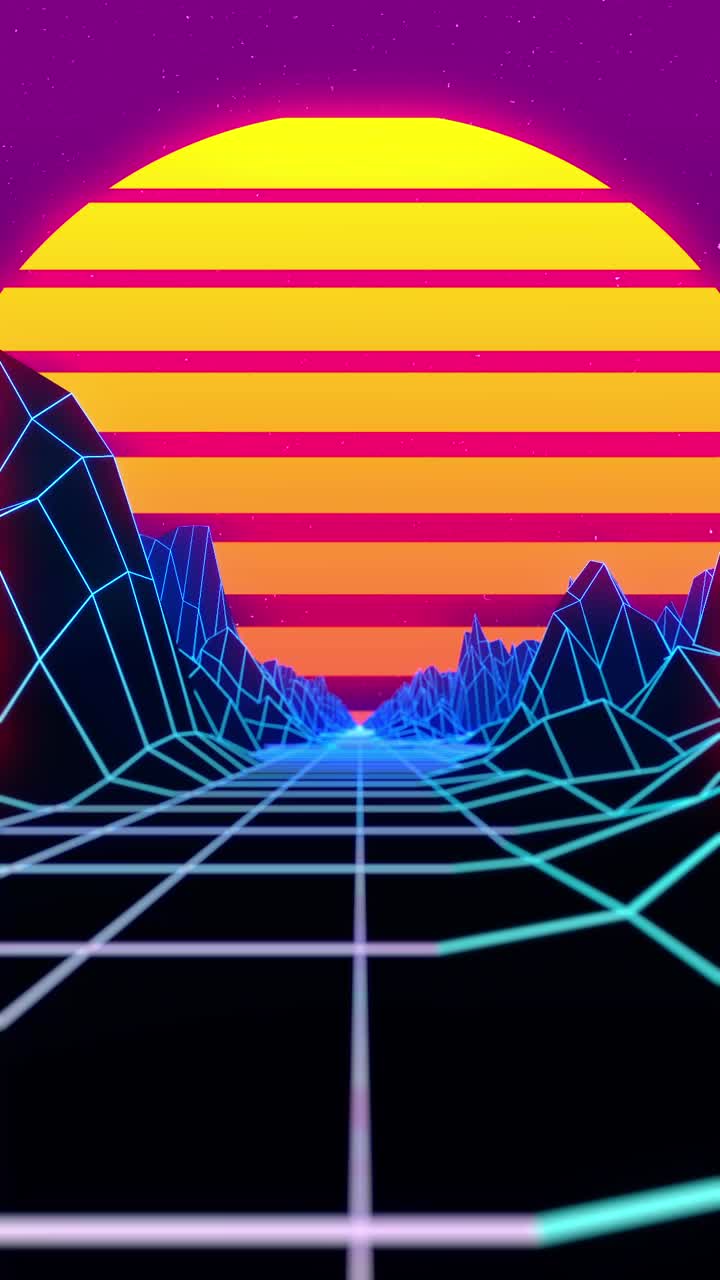 Paesaggio retrowave con griglia al neon, montagne wireframe e sole