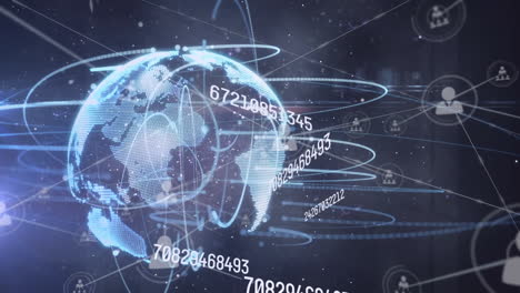 animación de números cambiantes, iconos conectados y círculos alrededor de un globo giratorio