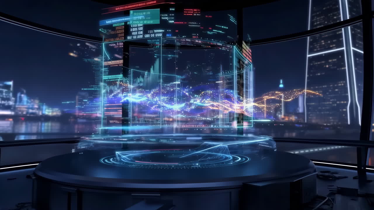 Futuristic Holographic Data Display in a Modern Office with Night City View