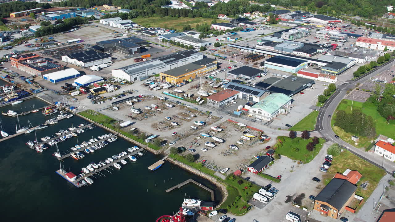 Boat storage yard in Stenungsund, Sweden, with boats docked along the shore