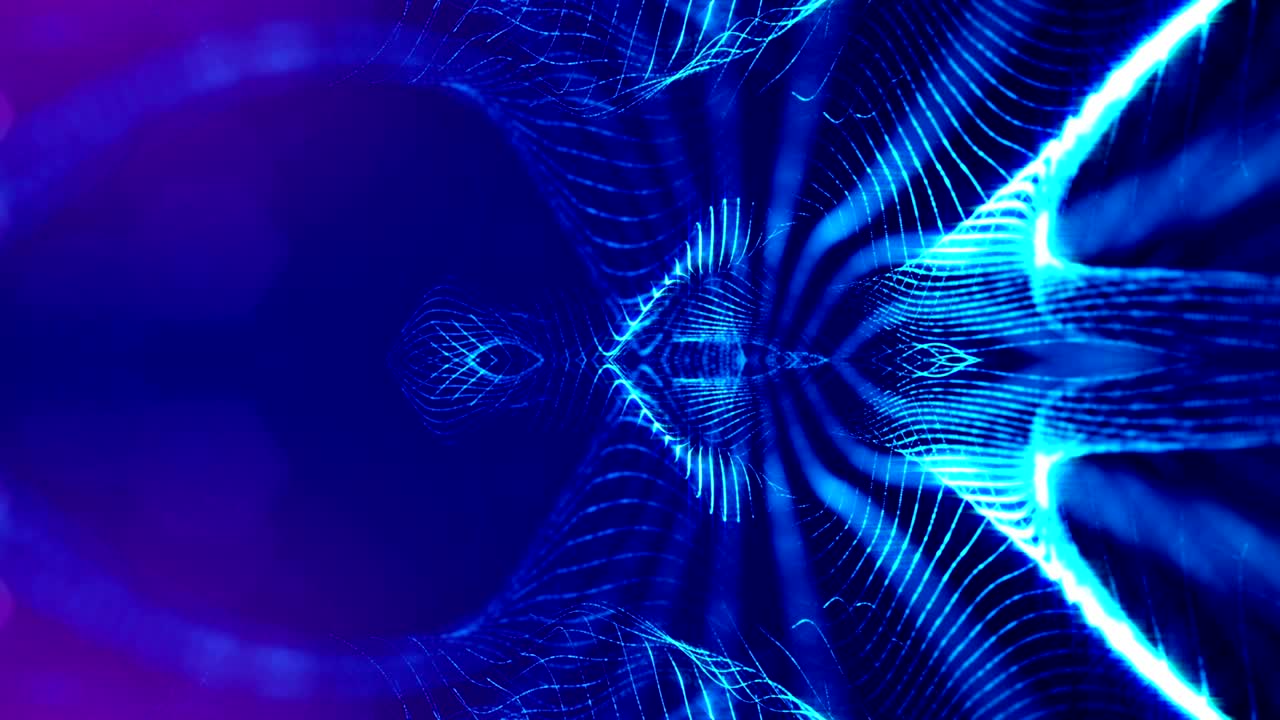 animación 3d sin costuras como fondo de ciencia ficción digital de partículas brillantes como en el mundo nano con profundidad de campo, bokeh. las partículas forman línea, cuadrícula de superficie o misterioso espacio virtual. azul 15