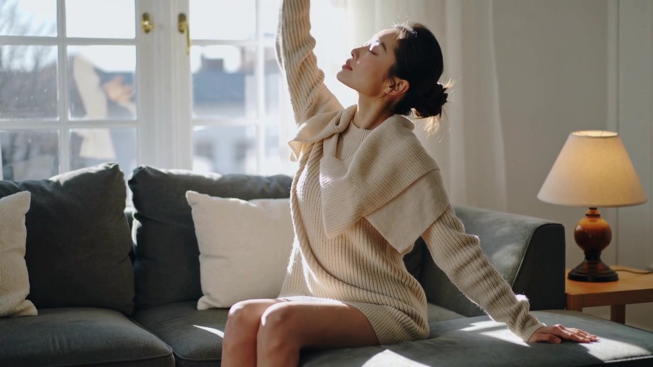 Kvinde i cremefarvet sweater rækker ud, løfter og sænker armen mod vinduet på sofaen, ledt af sollys.