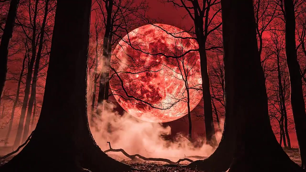 Grande luna di sangue rossa su un paesaggio forestale nebbioso in silhouette