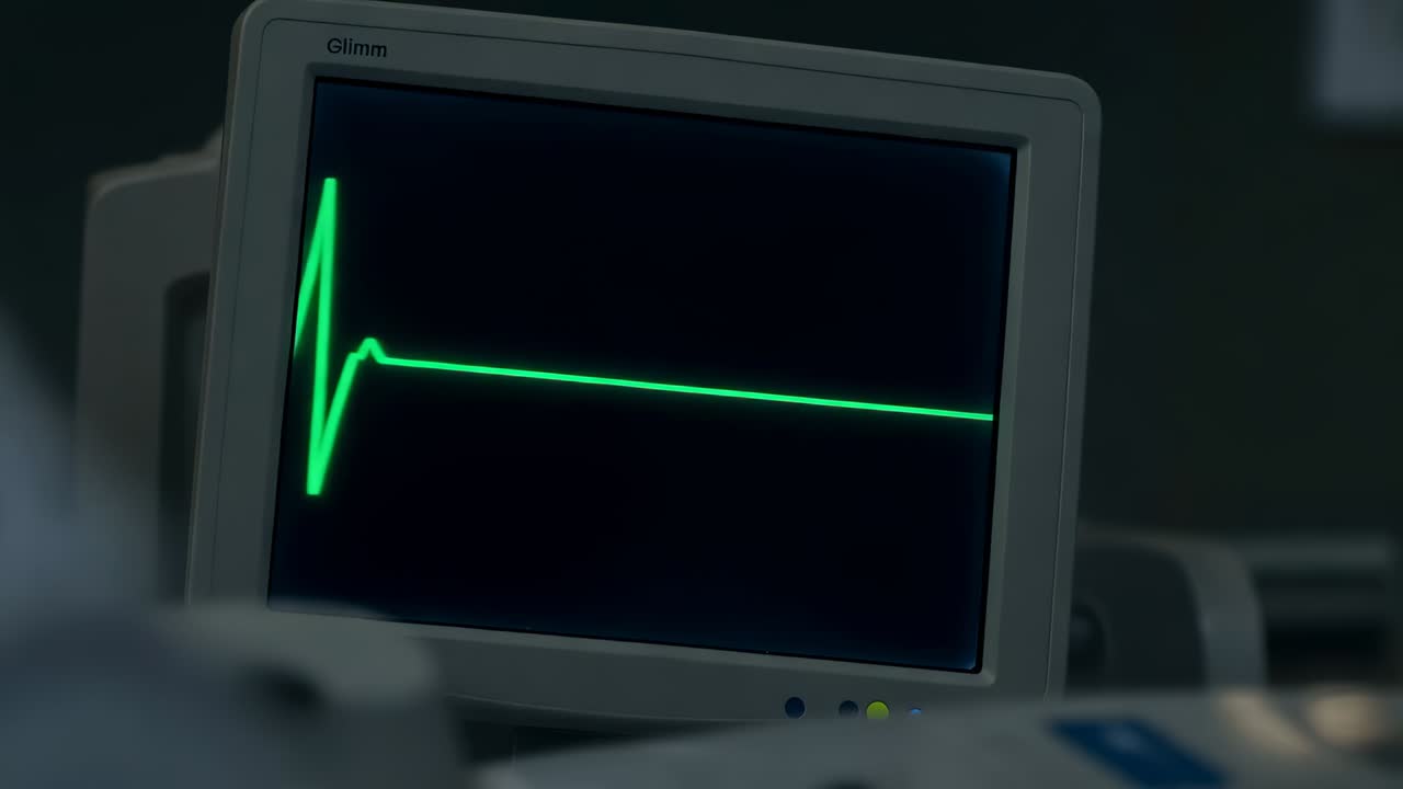 Monitor cardíaco junto a la cama que muestra complejos QRS adicionales, lectura que se estabiliza en 82 ppm