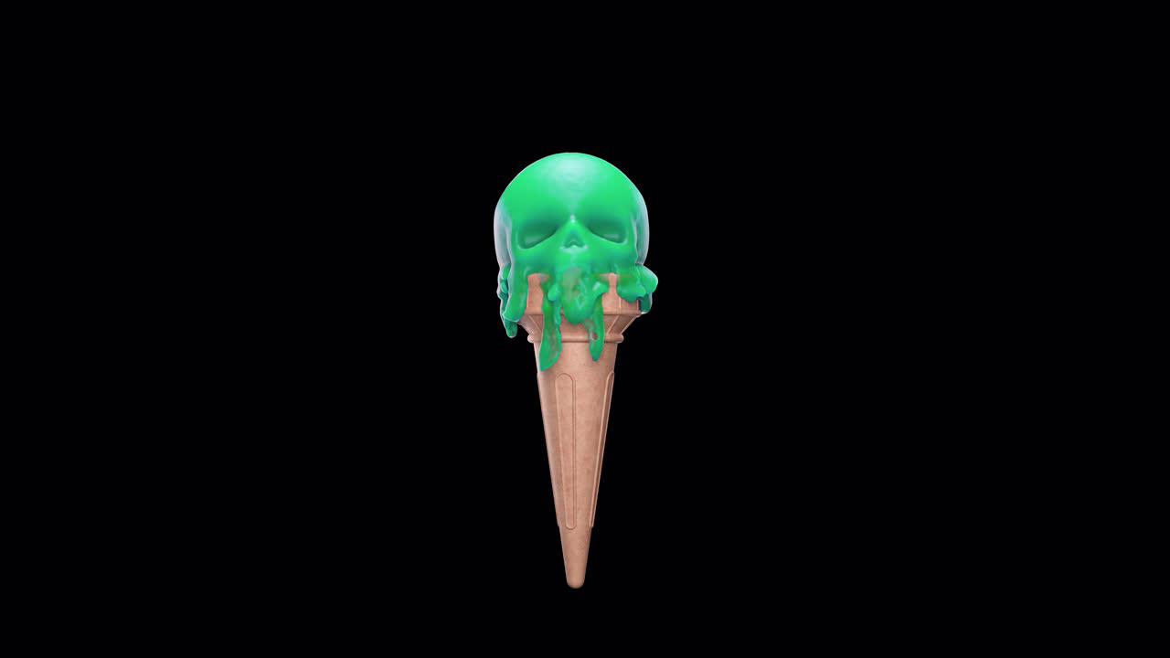 Green melting ice cream in the form of a skull with alpha channel