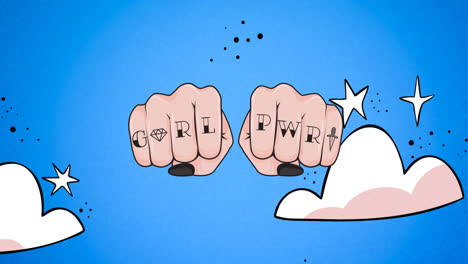 animation of text girls power on female fists, over night sky