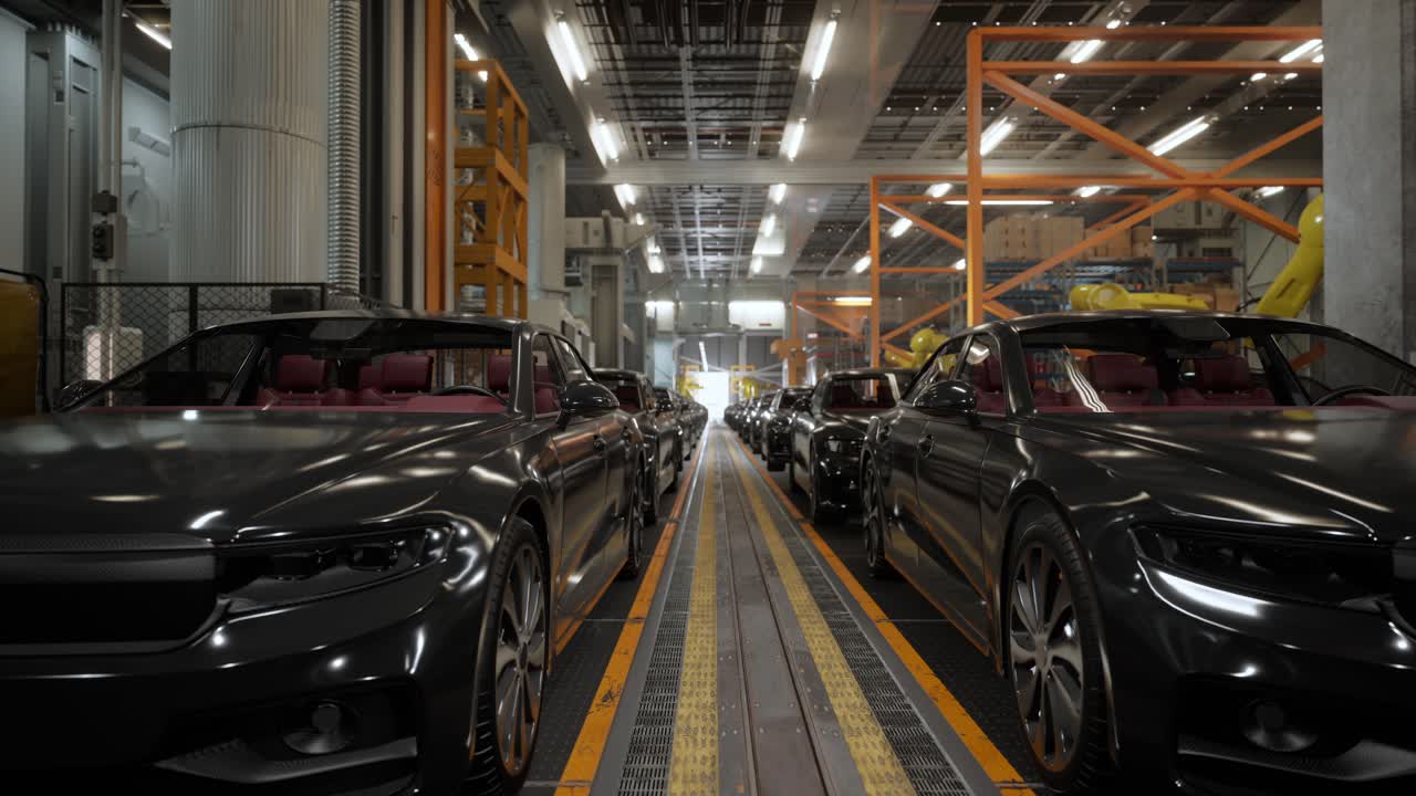 interior de la fábrica de automóviles. carrocería de color negro en una línea de ensamblaje de automóviles planta industrial, fábrica de automóbiles, instalación de fábrica de producción de automóviles