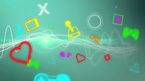 animation of video game icons moving over connecitions on green background